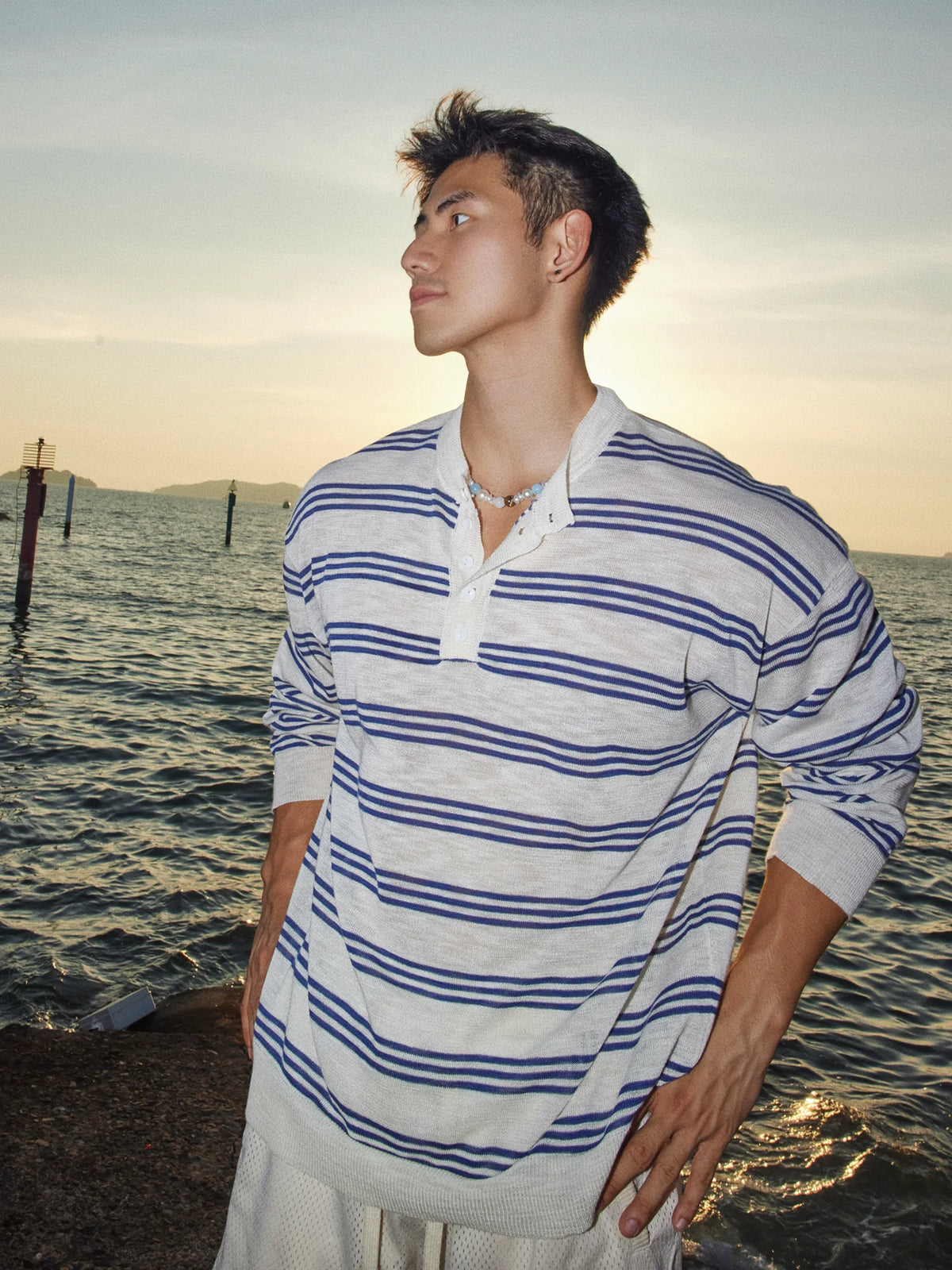 Island-Stripe Relaxed Henley Top product view 4