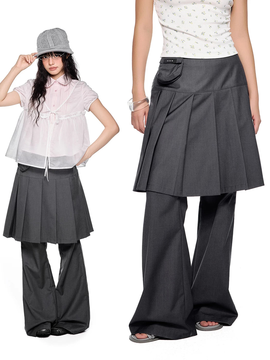 Pleated Skirt-Overlay Flare Pants product view 1