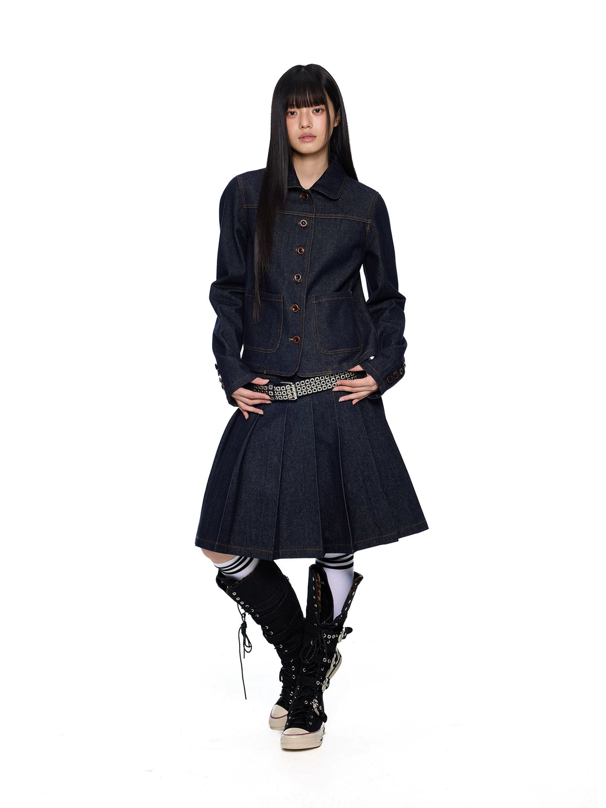 Rounded-Collar Cropped Denim Jacket product view 2