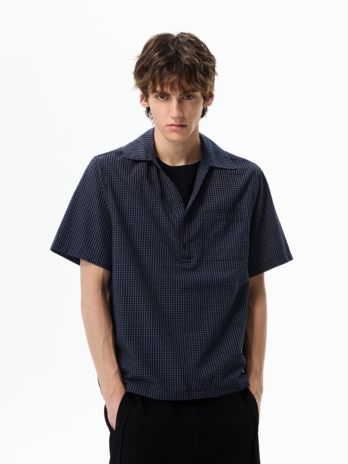 Layered-Neck Micro-Check Polo Shirt product view 3