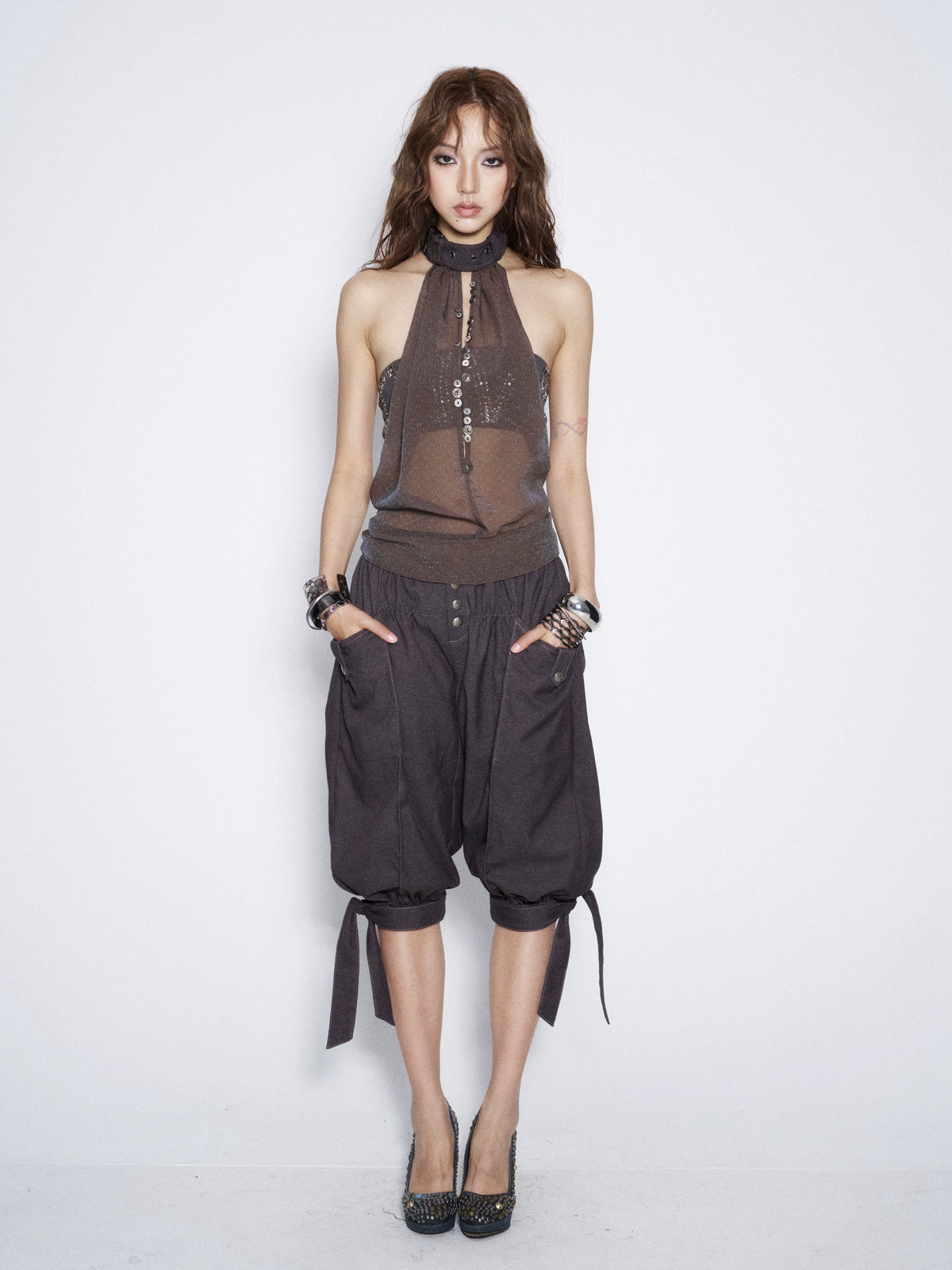 Rhinestone Bandeau and Sheer Halter Top Set product view 5