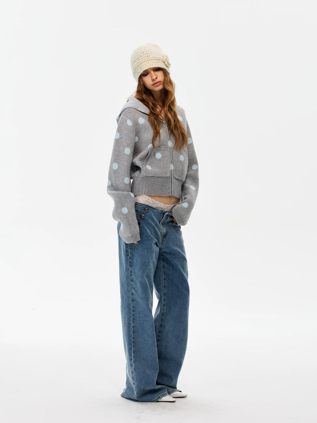 Polka-Dot Zip Knit Hoodie product view 4