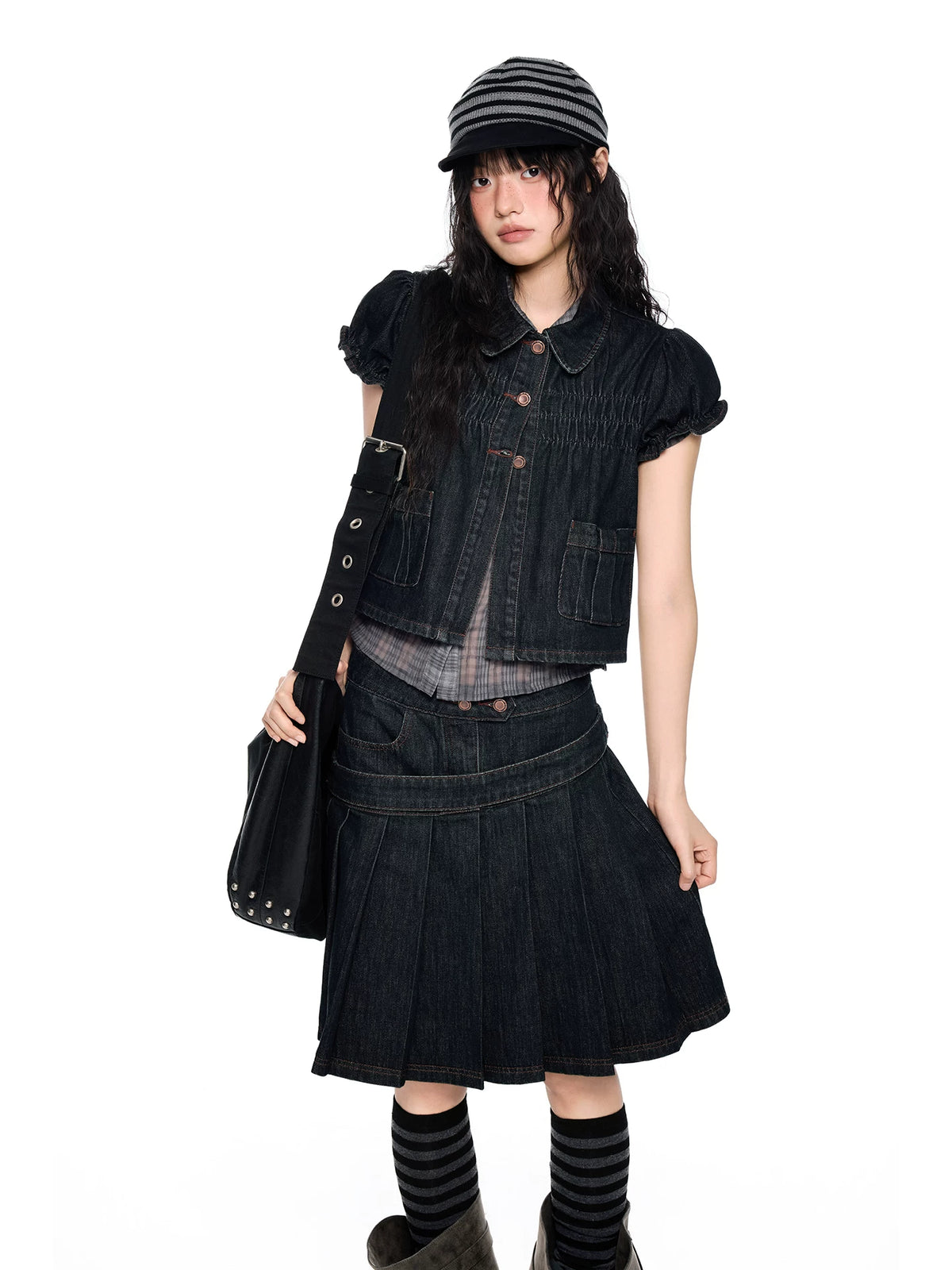 Puff-Sleeve Mesh-Panel Denim Jacket product view 1