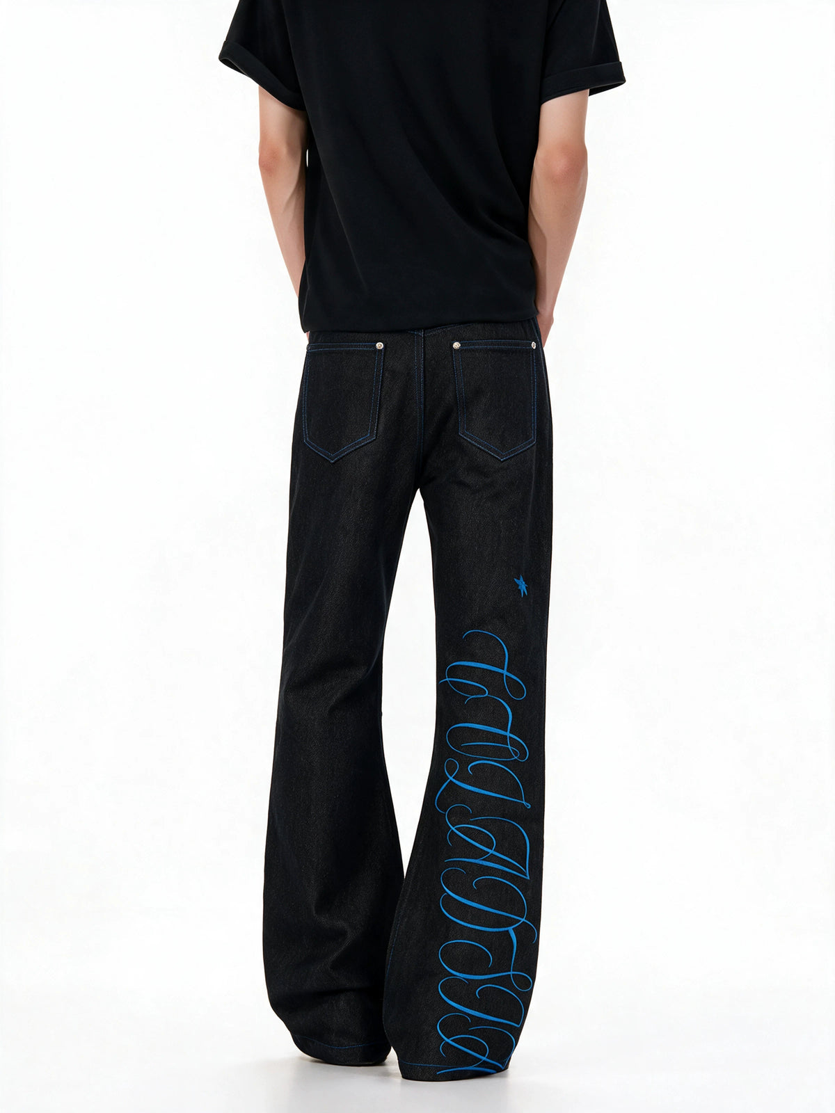 Script-Embroidered Black Flare Jeans product view 4