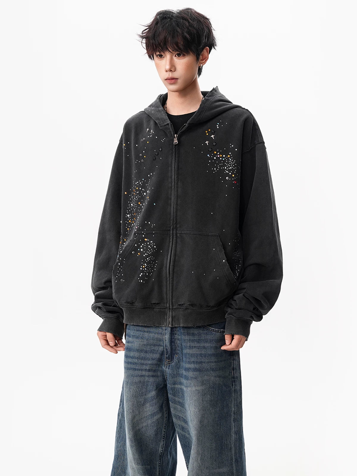 Rhinestone Relaxed Zip Hoodie product view 2