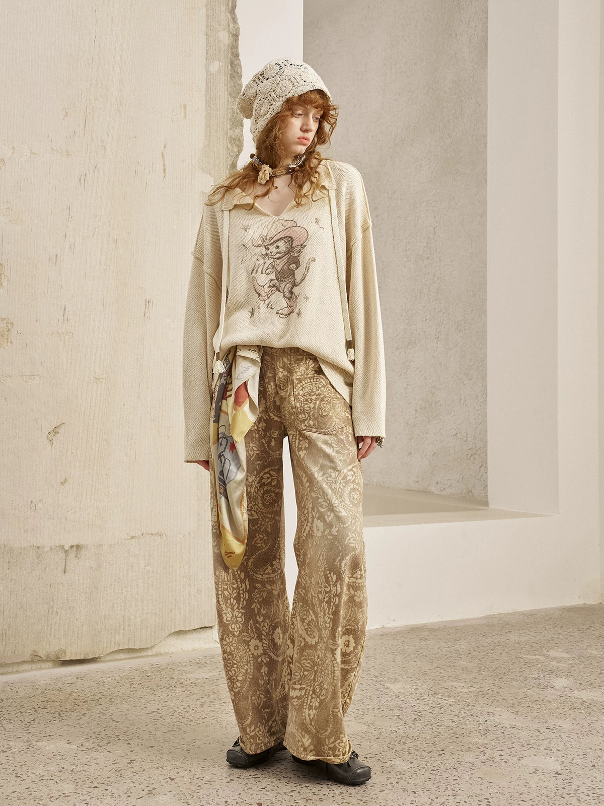 Brown Paisley Wide-Leg Jeans product view 3