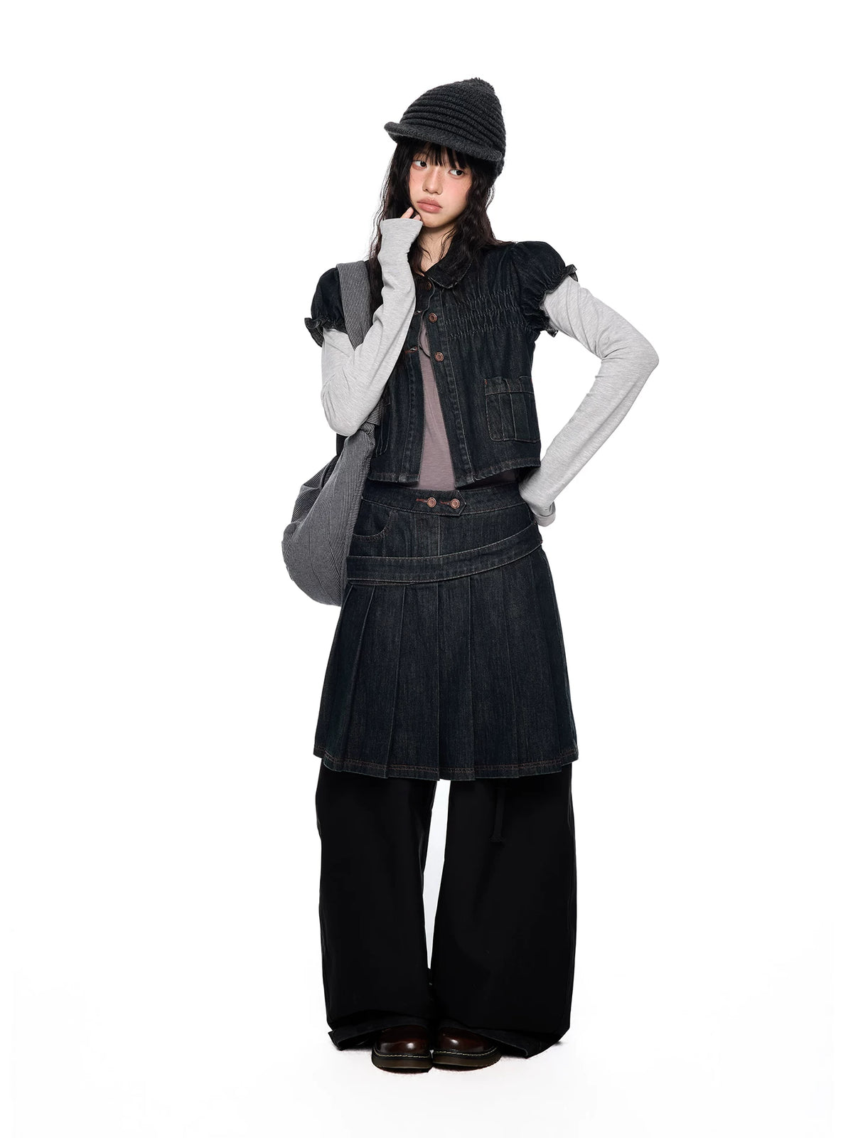 Puff-Sleeve Mesh-Panel Denim Jacket product view 2