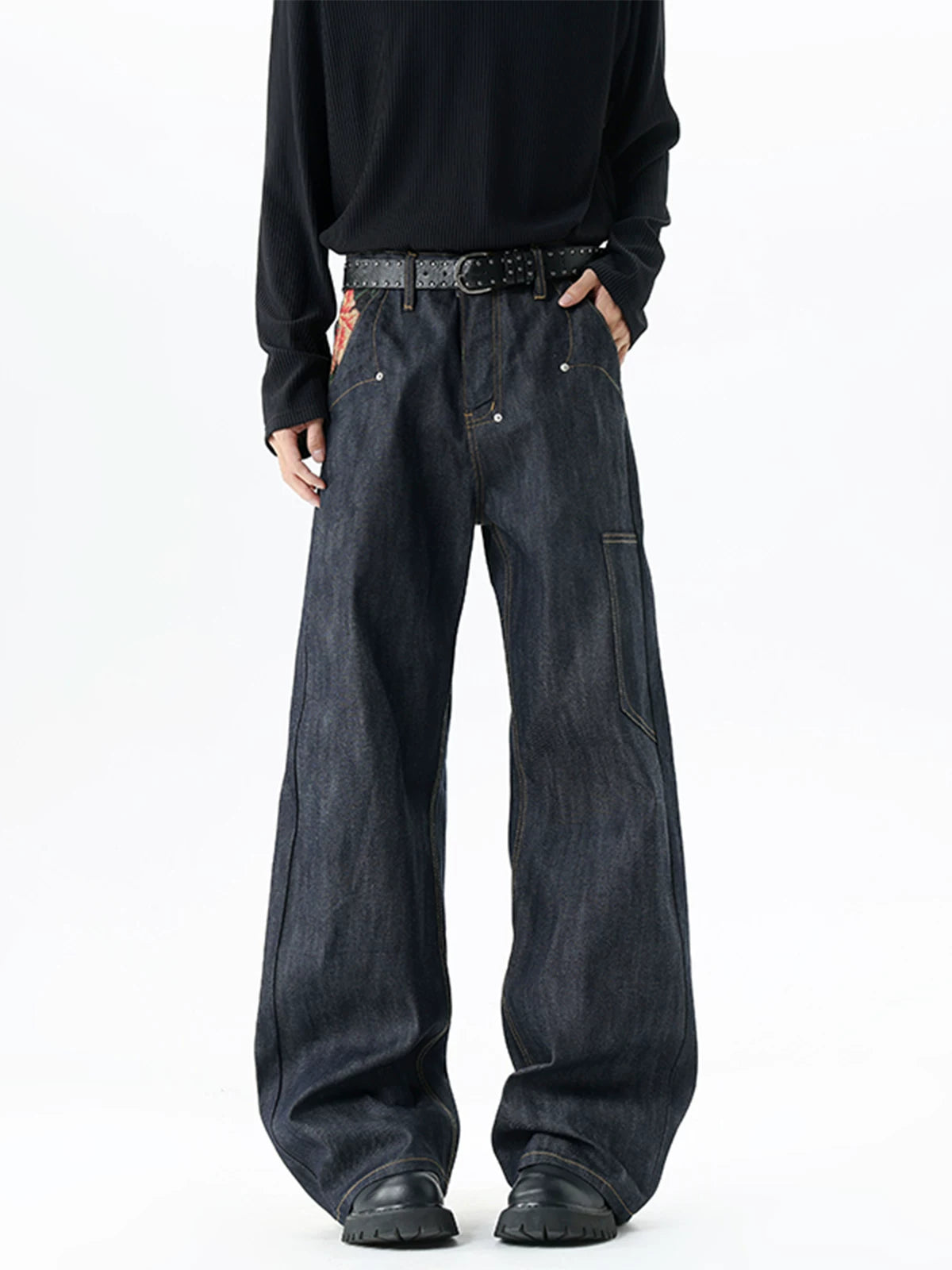 Red-Trim Workwear Wide-Leg Jeans product view 3