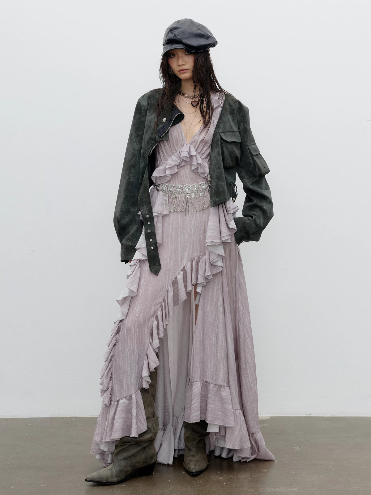 Dusty-Pink Asymmetric Ruffle Maxi Dress product view 4