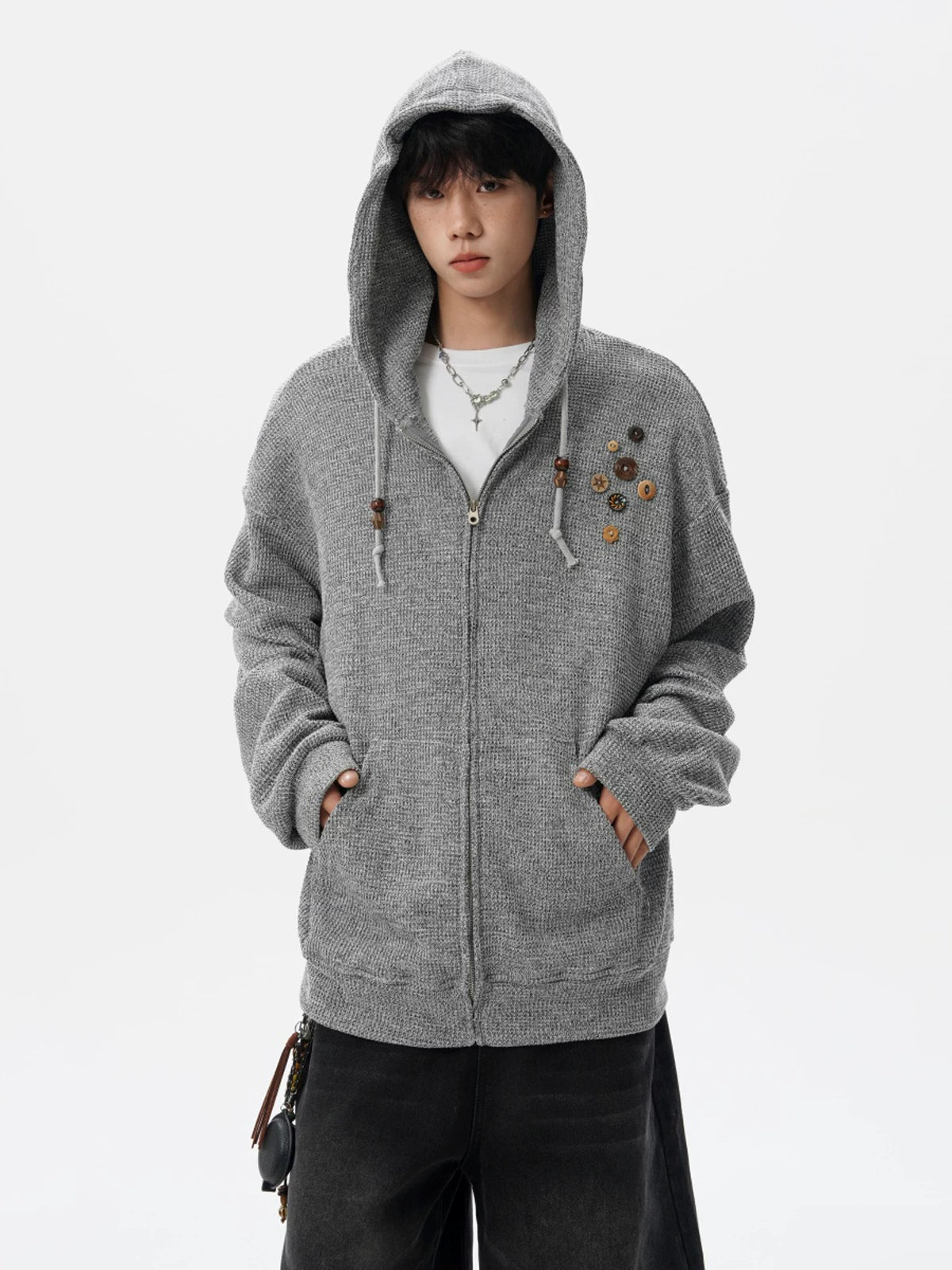 Button-Trim Hooded Knit Cardigan product view 3