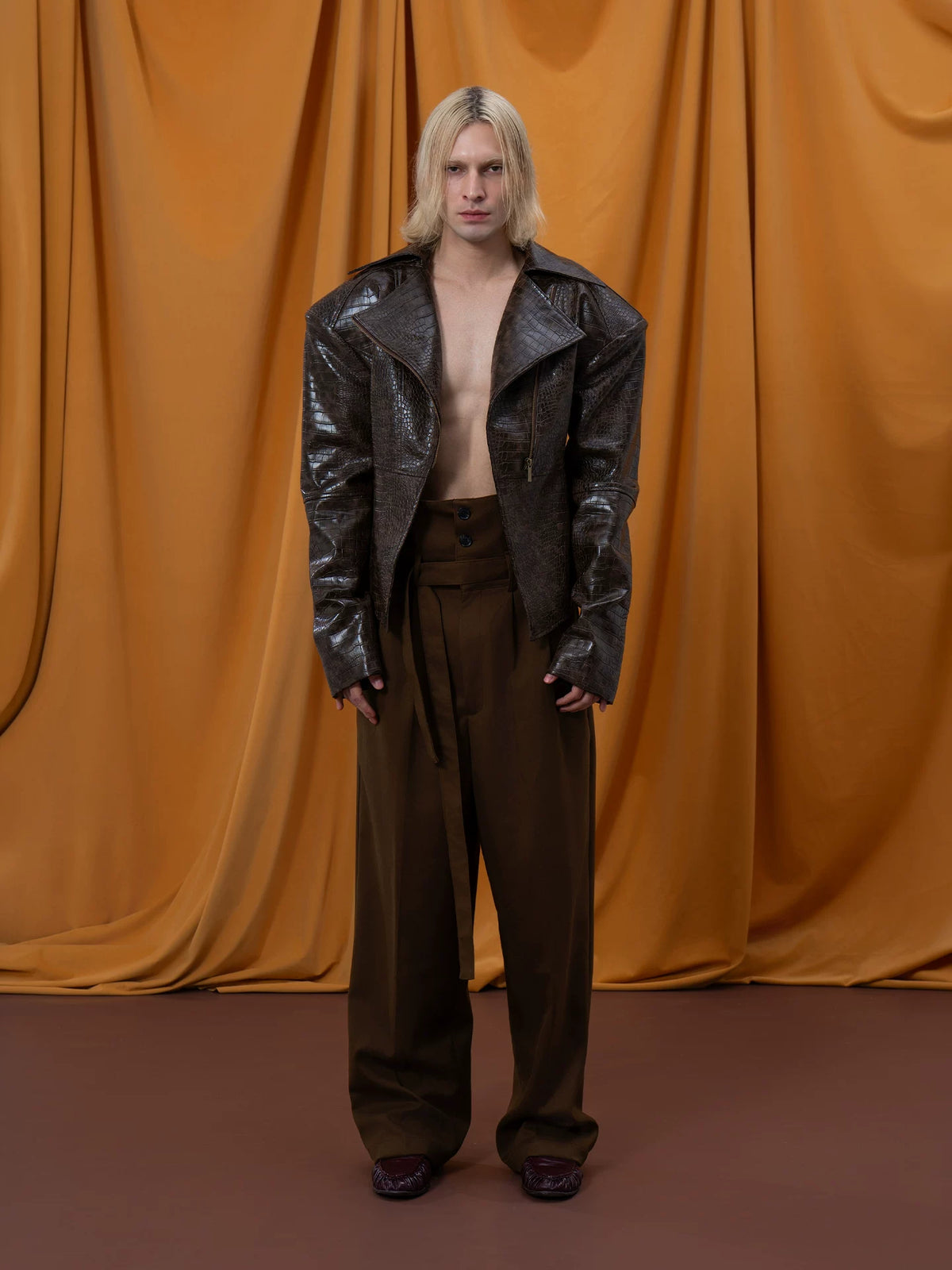 Croc-Effect Waisted Faux-Leather Jacket product view 4