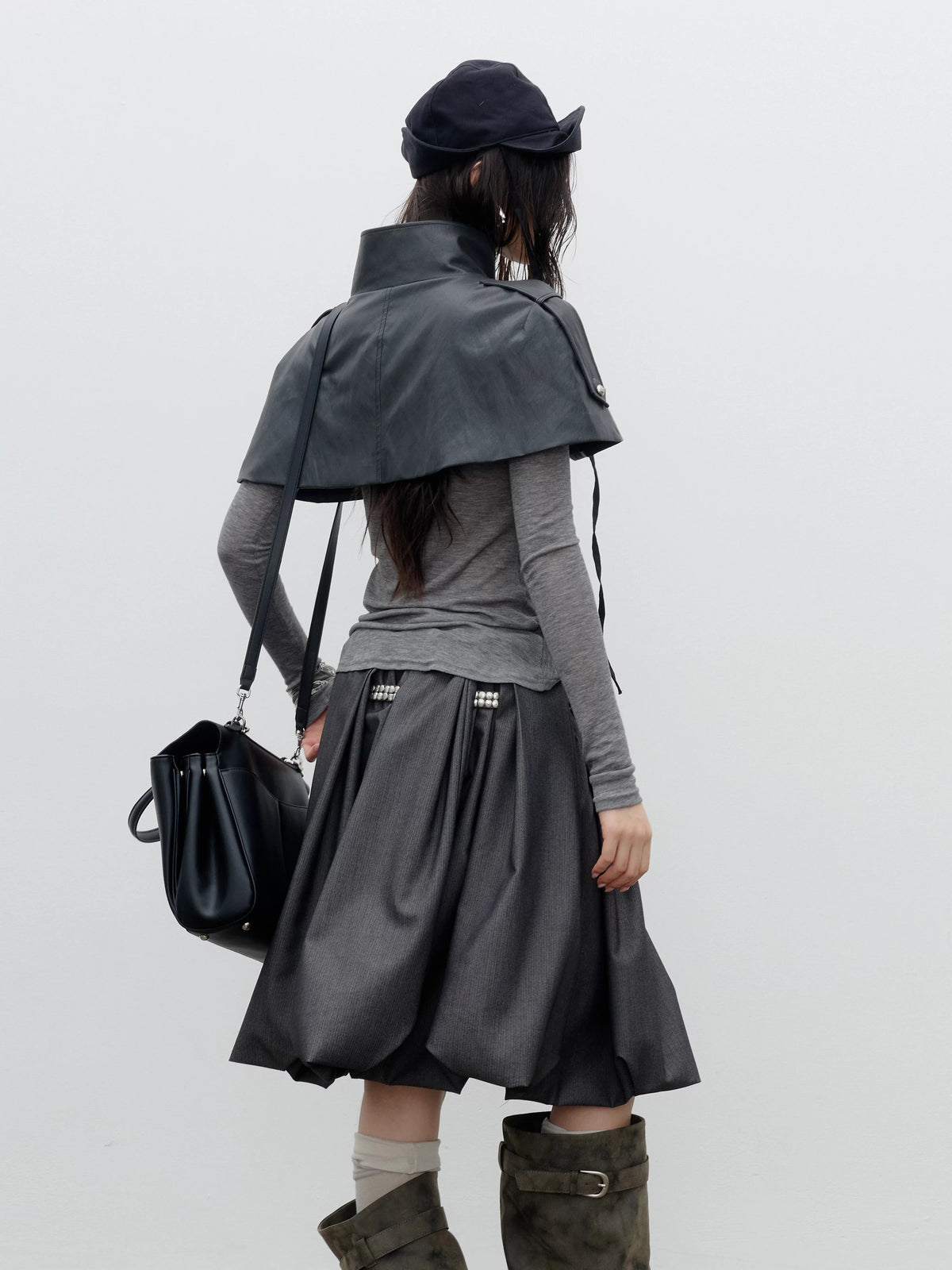Cropped Military-Button Faux-Leather Cape product view 4