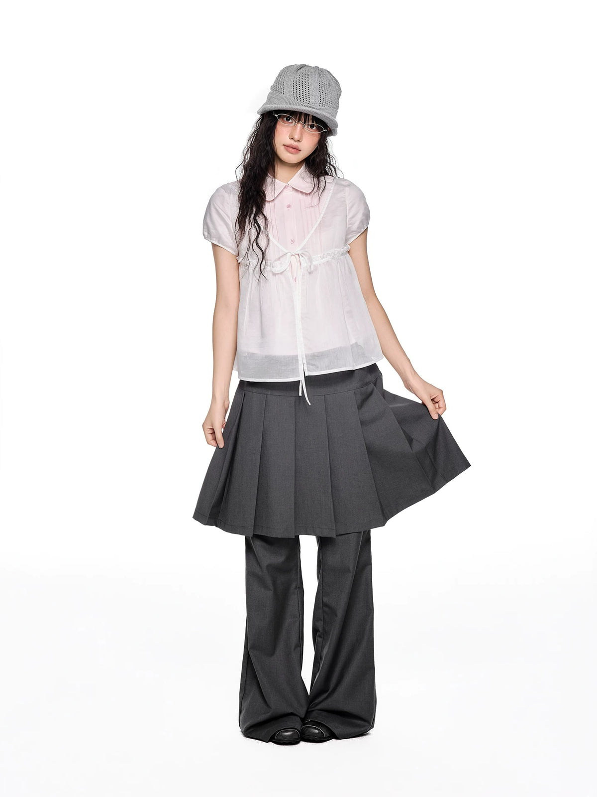 Pleated Skirt-Overlay Flare Pants product view 3