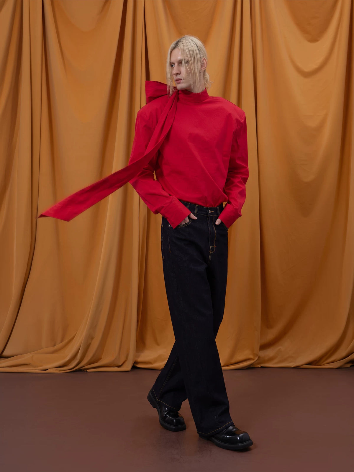 Back-Tie High-Neck Padded-Shoulder Shirt product view 2