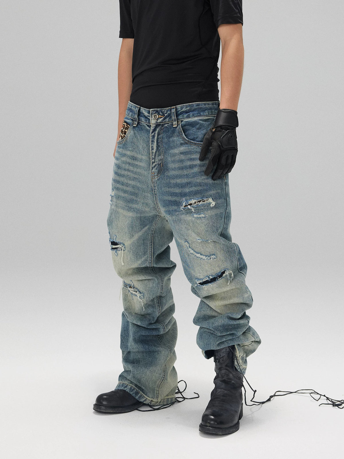 Leopard-Patch Distressed Stacked Jeans product view 4