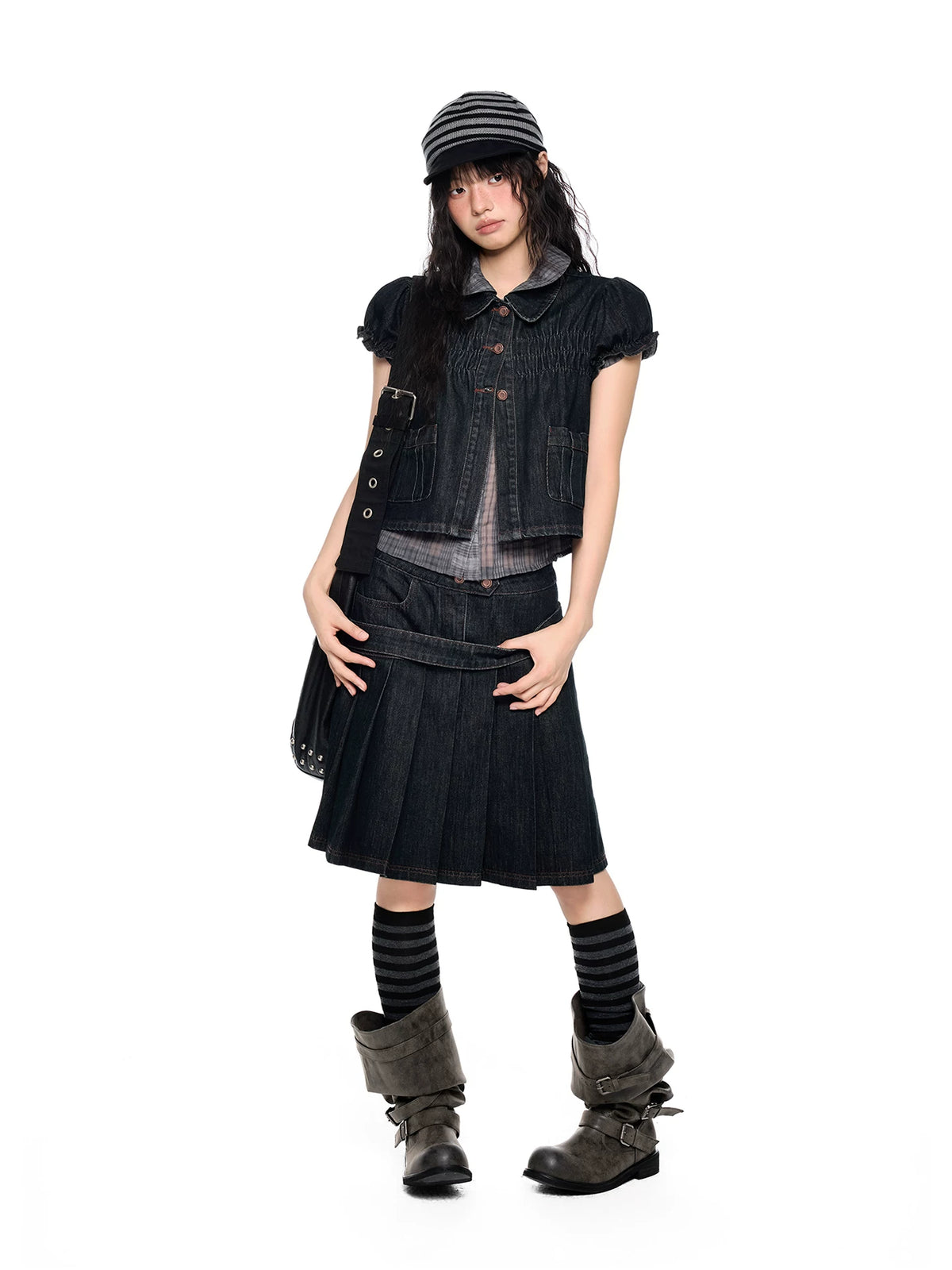 Puff-Sleeve Mesh-Panel Denim Jacket product view 3