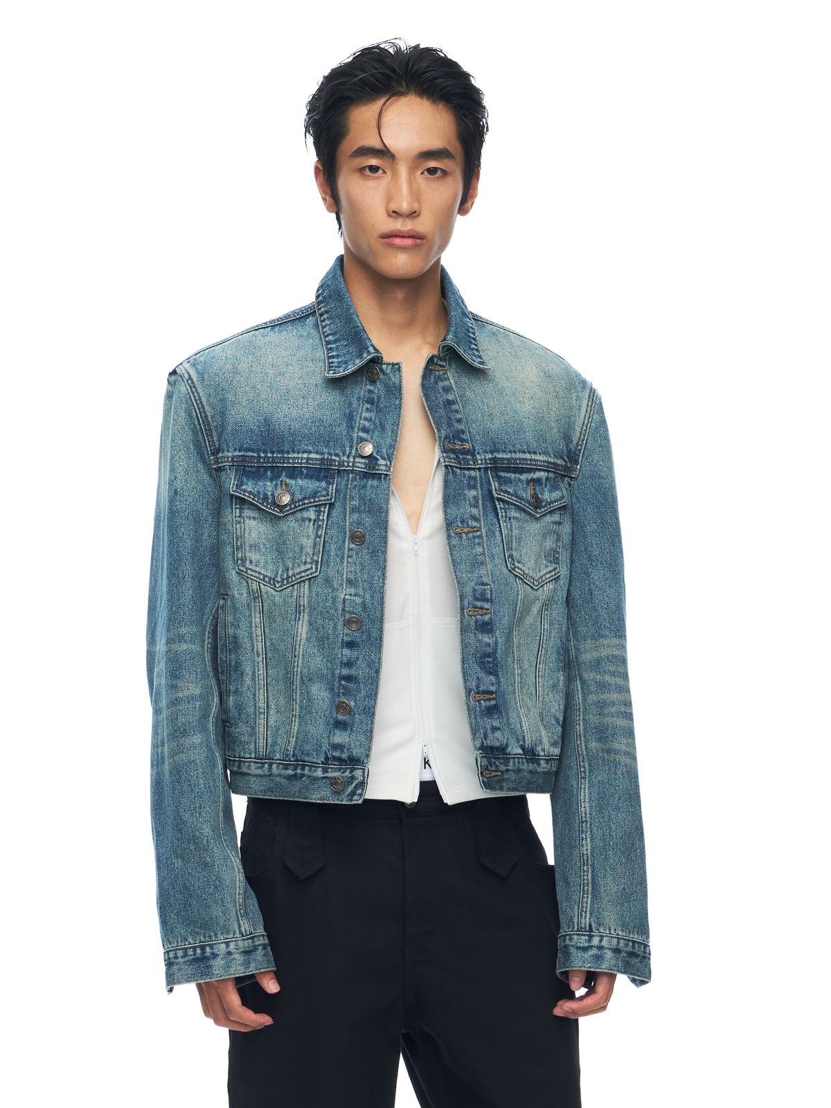 Vintage-Wash Cropped Denim Jacket product view 1