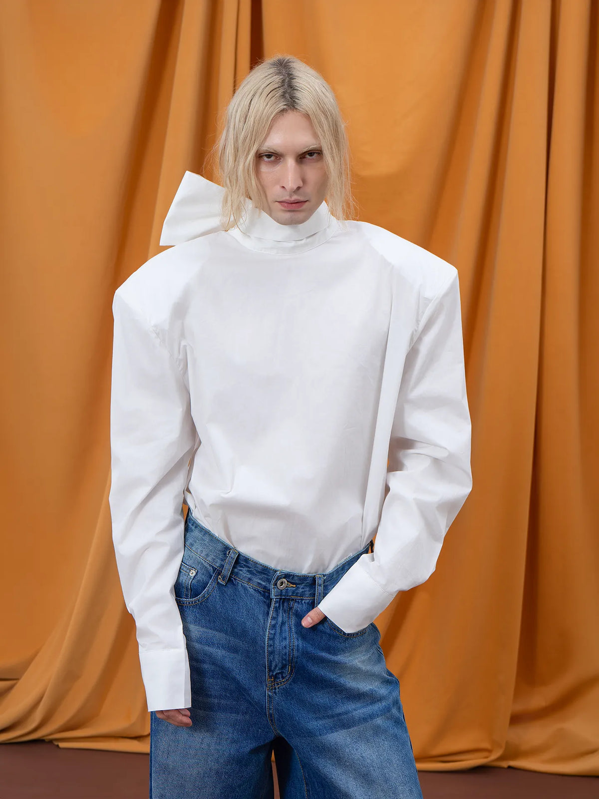 Back-Tie High-Neck Padded-Shoulder Shirt product view 5