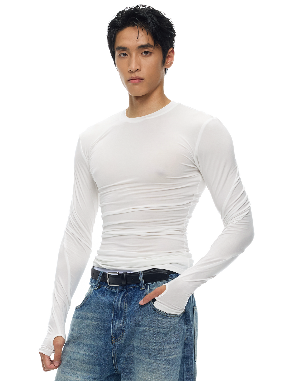Ruched Sheer Lyocell Long-Sleeve Top product view 1