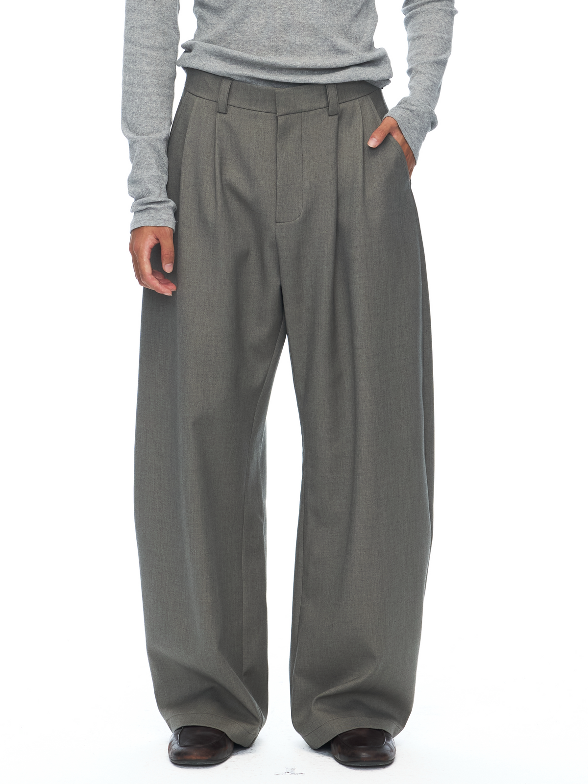 Green Double-Pleat Curved-Leg Trousers product view 1