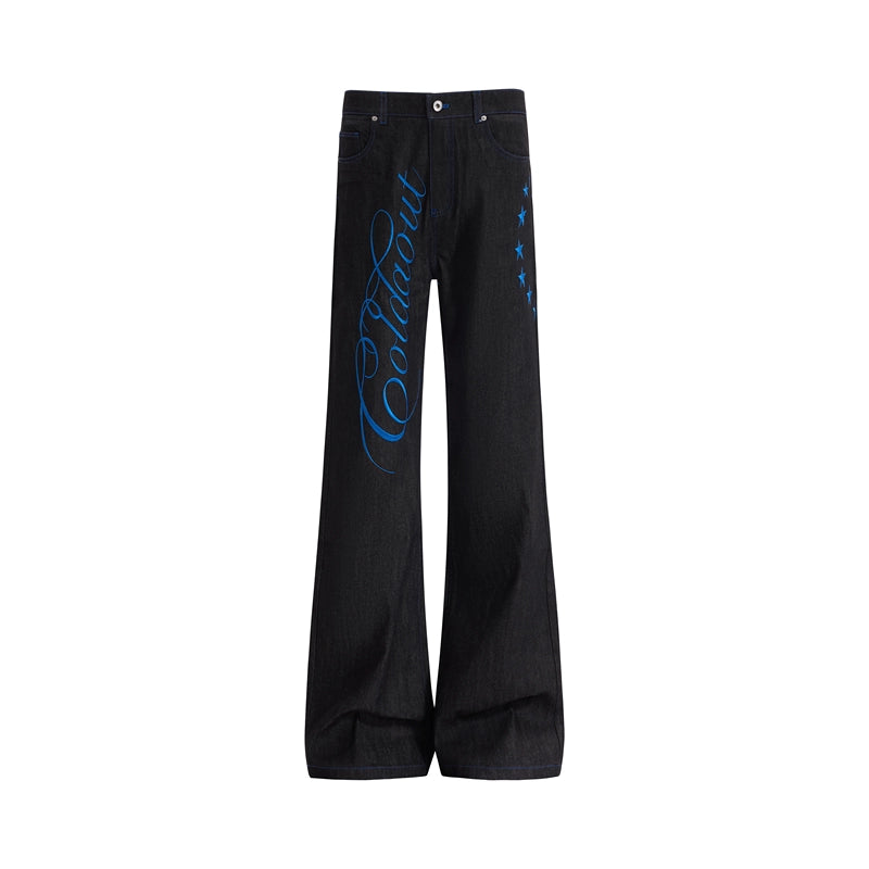 Script-Embroidered Black Flare Jeans product view 6