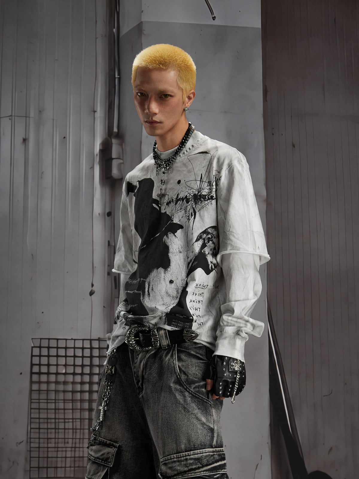 Monochrome Graphic Layered-Sleeve T-Shirt product view 2