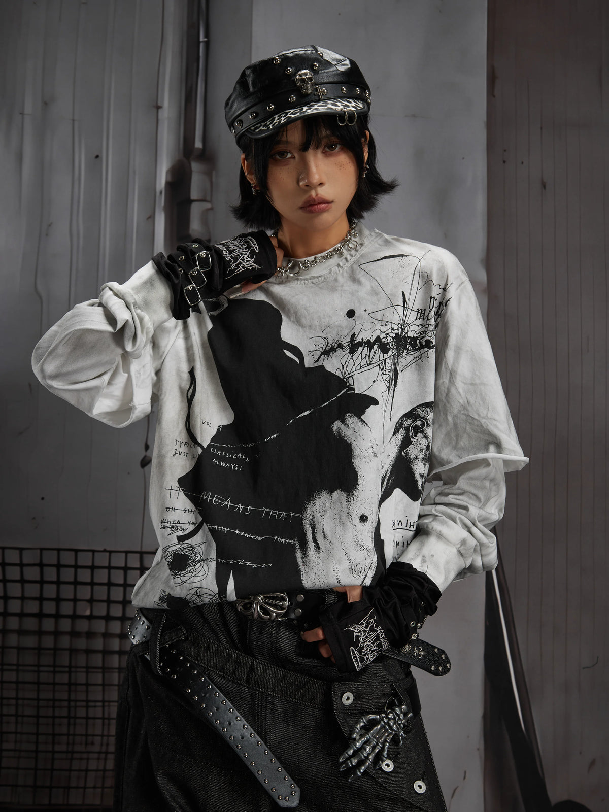 Monochrome Graphic Layered-Sleeve T-Shirt product view 3