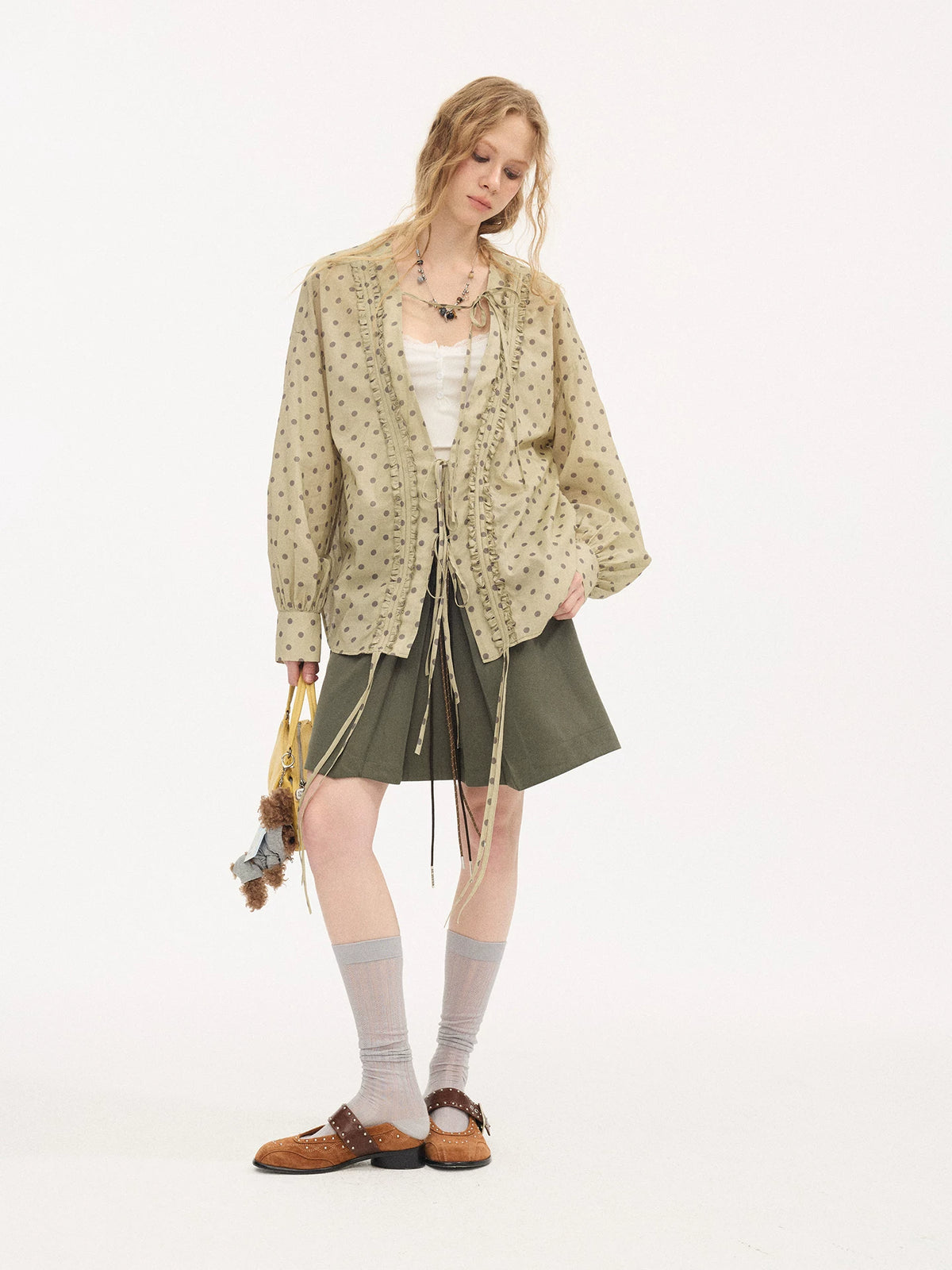 Matcha Polka-Dot Ruffle Tie-Front Blouse product view 2