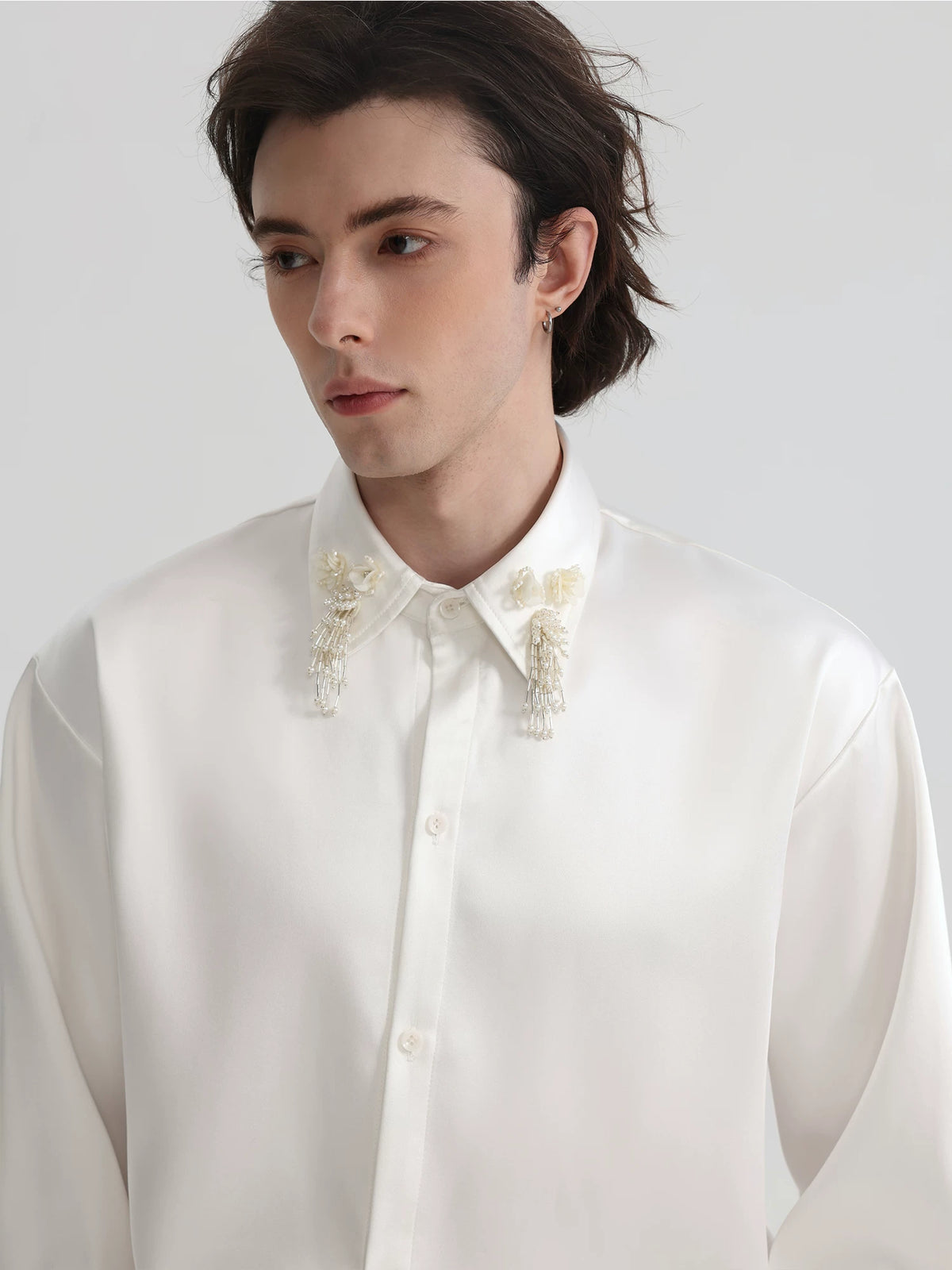 Pearl-Fringe Collar Satin Shirt product view 3