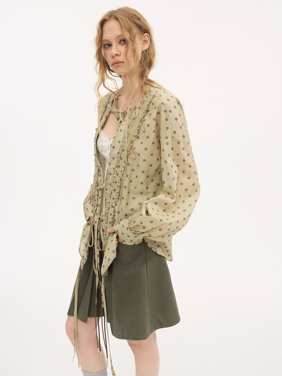 Matcha Polka-Dot Ruffle Tie-Front Blouse product view 4