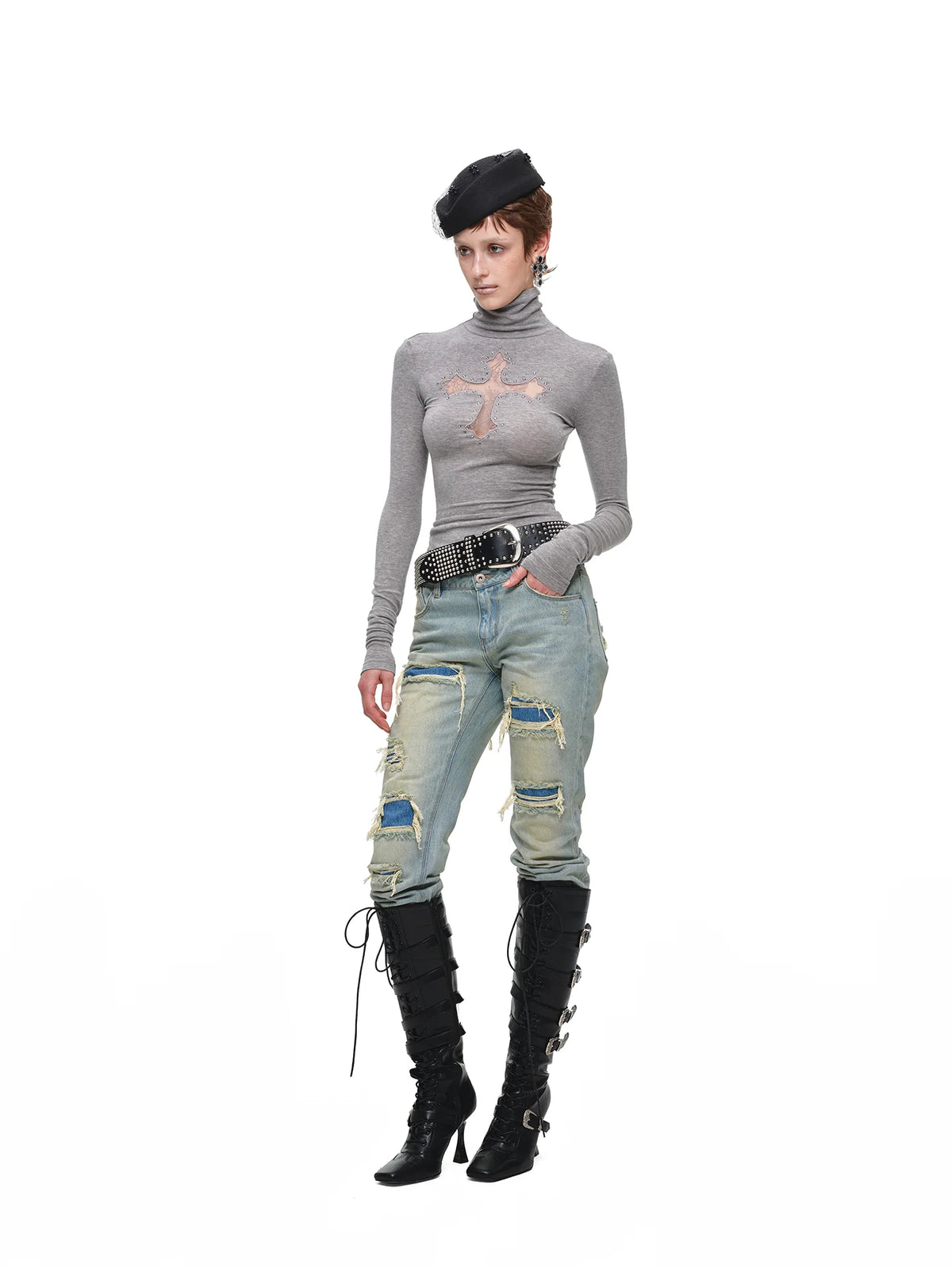 Lace-Cross Rhinestone Turtleneck Top product view 4