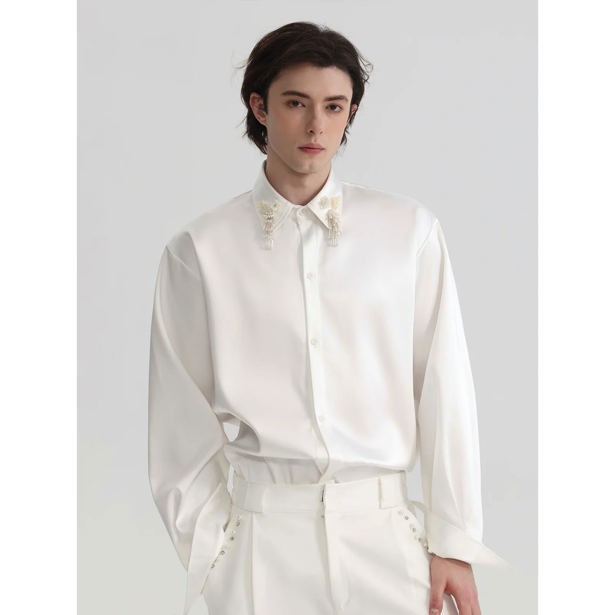 Pearl-Fringe Collar Satin Shirt product view 5