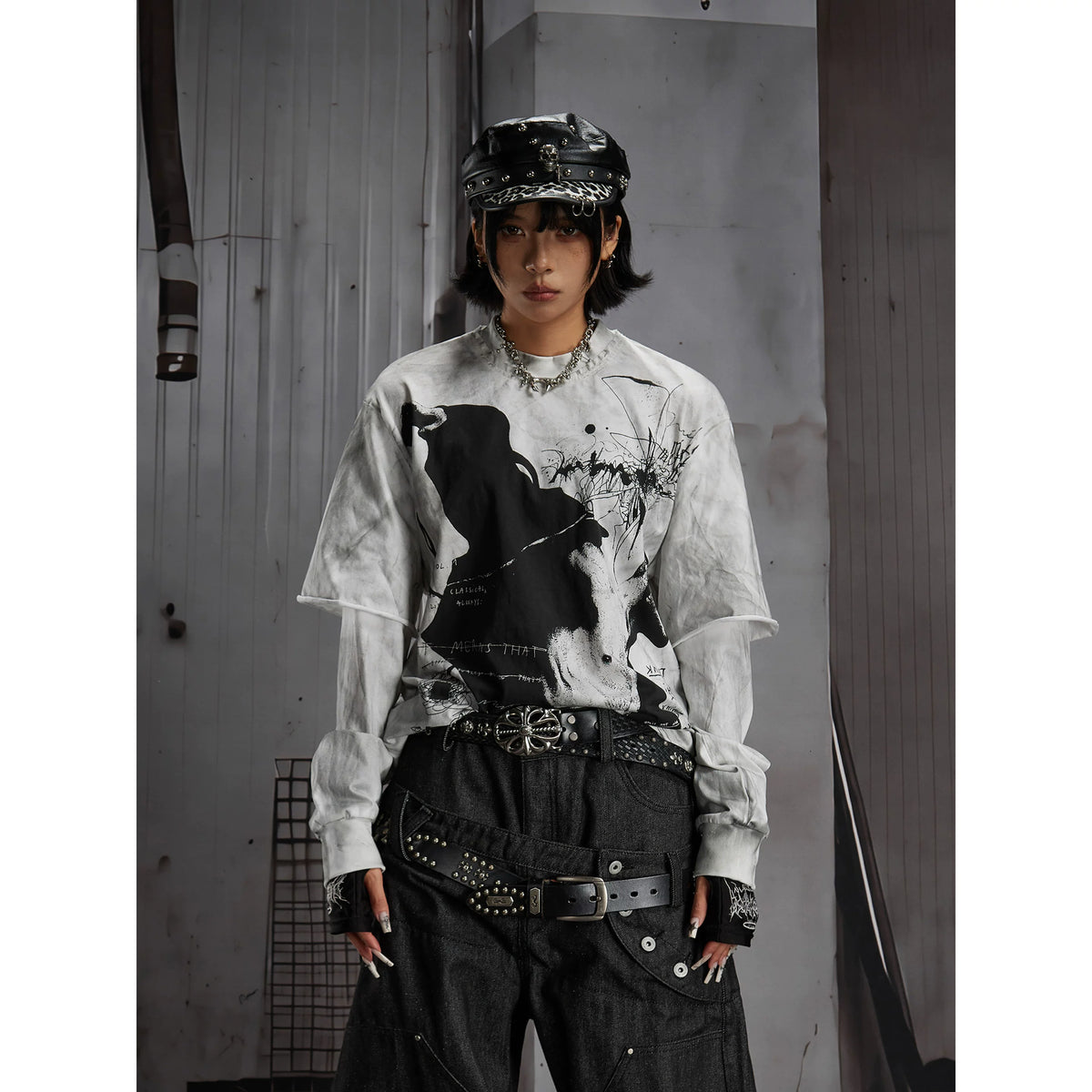 Monochrome Graphic Layered-Sleeve T-Shirt product view 1