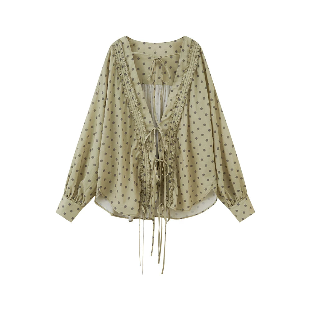 Matcha Polka-Dot Ruffle Tie-Front Blouse product view 5