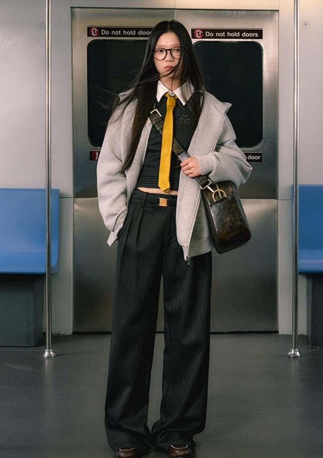 Minimalist Suit Vest & Gold Buckle Belt Skirt & Pants