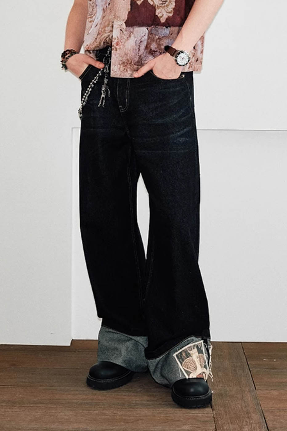 Wide Leg Patchwork Denim Jeans