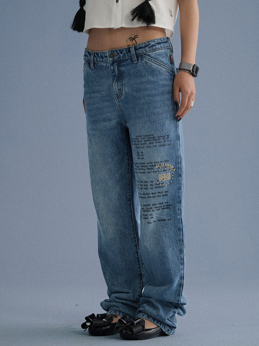 Distressed Letter Print Jeans