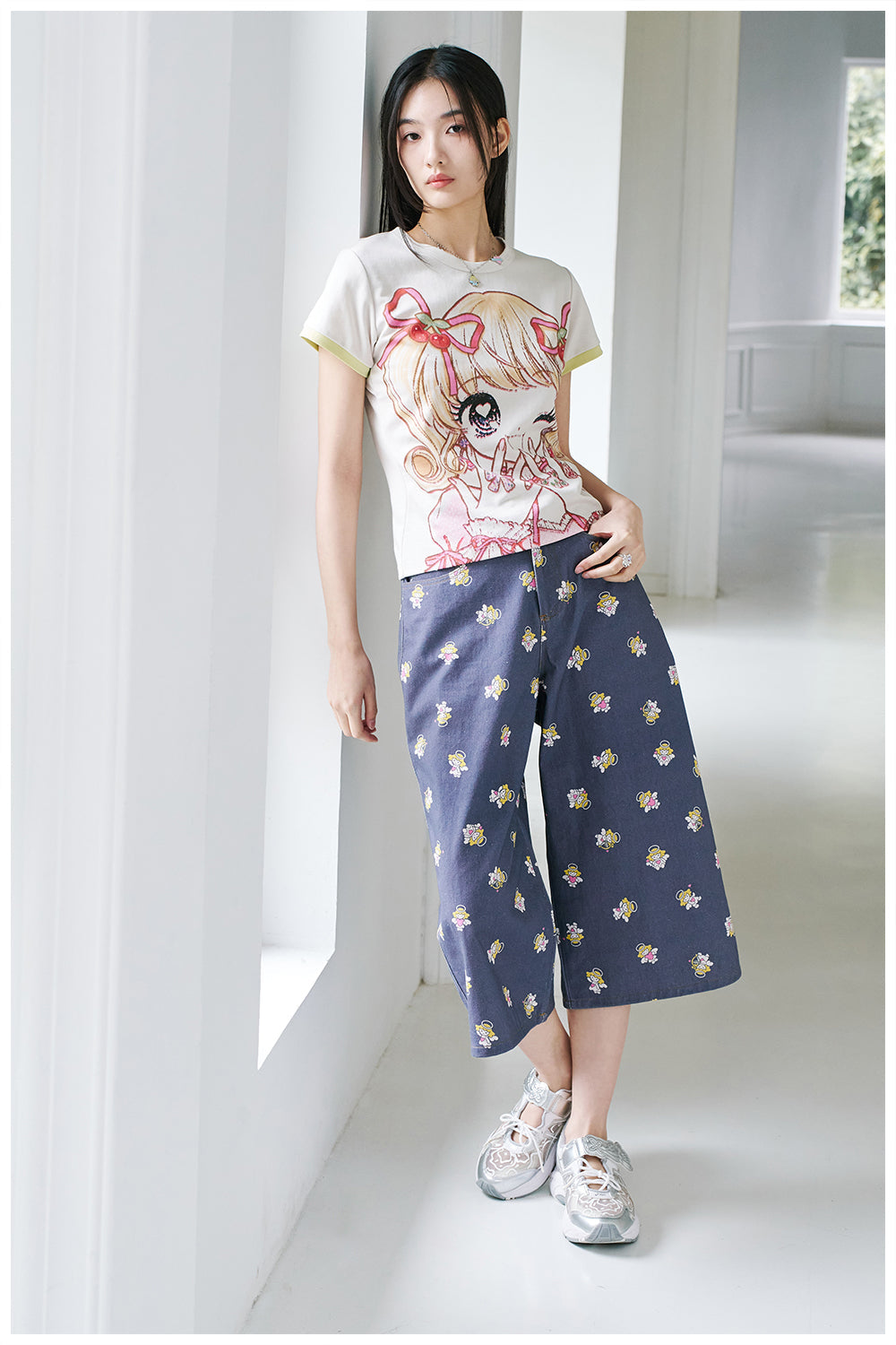 Angel Print Wide Leg Denim Culottes