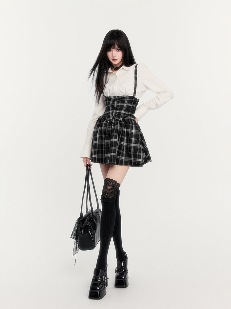 Super High Waist Plaid Suspender Skirt