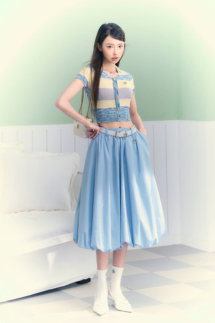 Pastel Striped Cropped Cardigan: Short Sleeve Collared Knit Top with Button Front