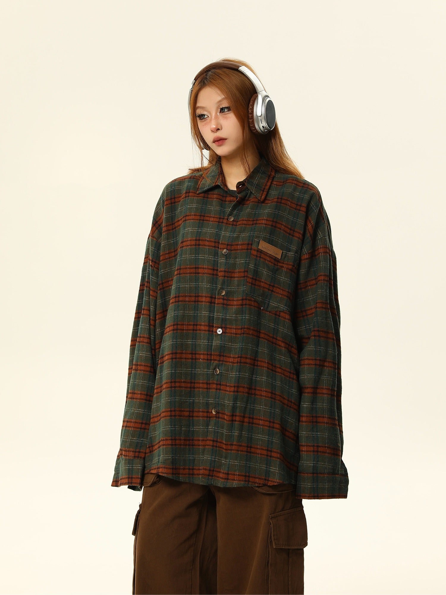 Oversized Plaid Flannel Shirt with Grid Pattern