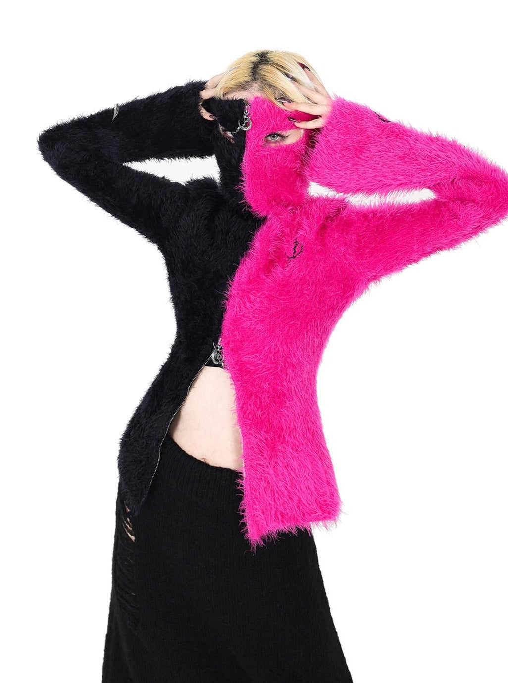 PINKSPINK Two-Tone Fuzzy Cropped Hoodie Cardigan - Black/Hot Pink