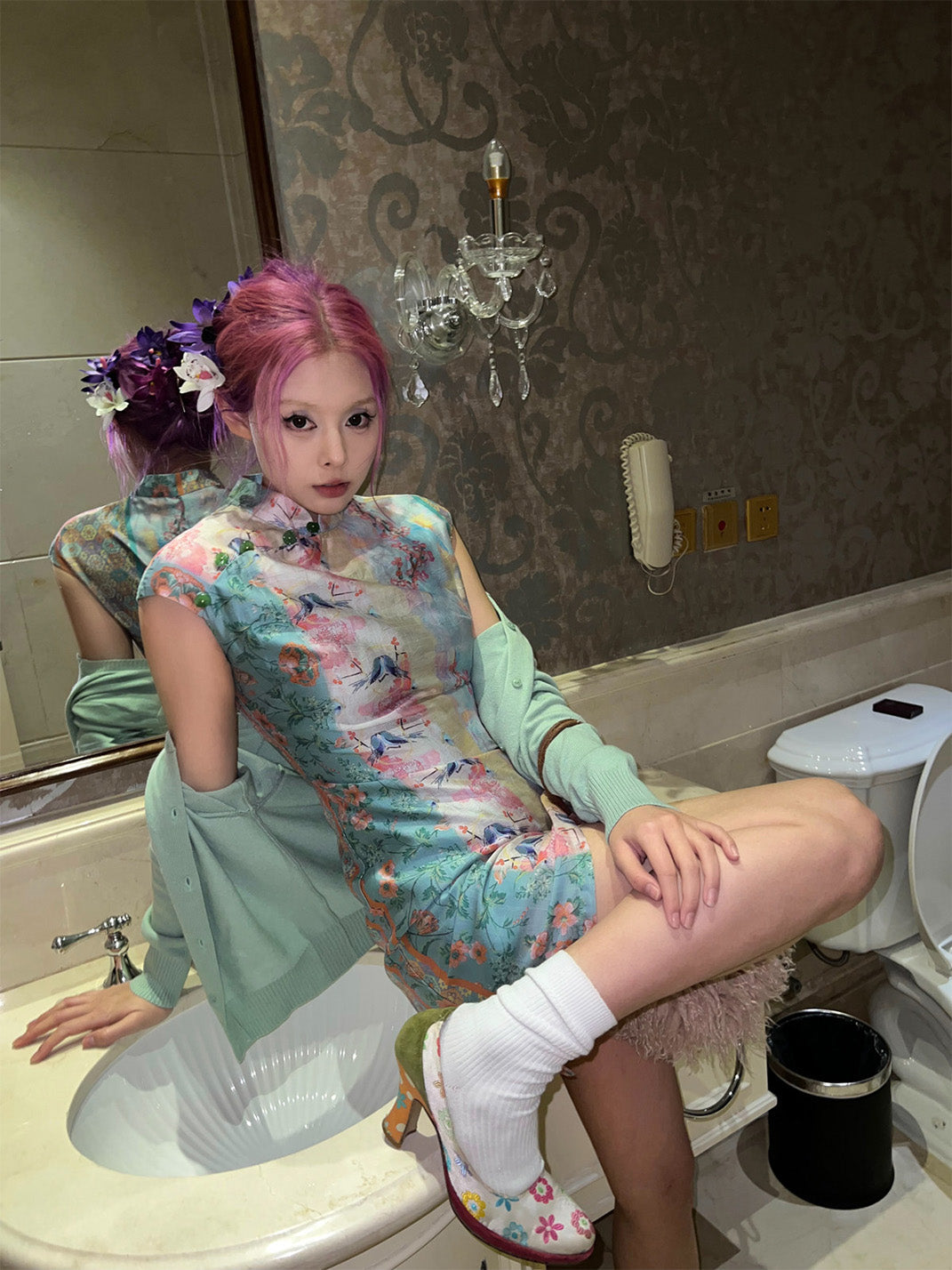 Chinese-Style Print Cheongsam Dress