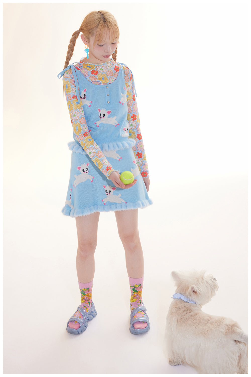 Lamb Print Knit Tank Top and Skirt Set