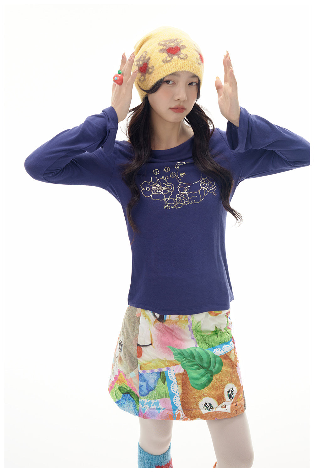 Rhinestone Bear Navy Bell Sleeve Top