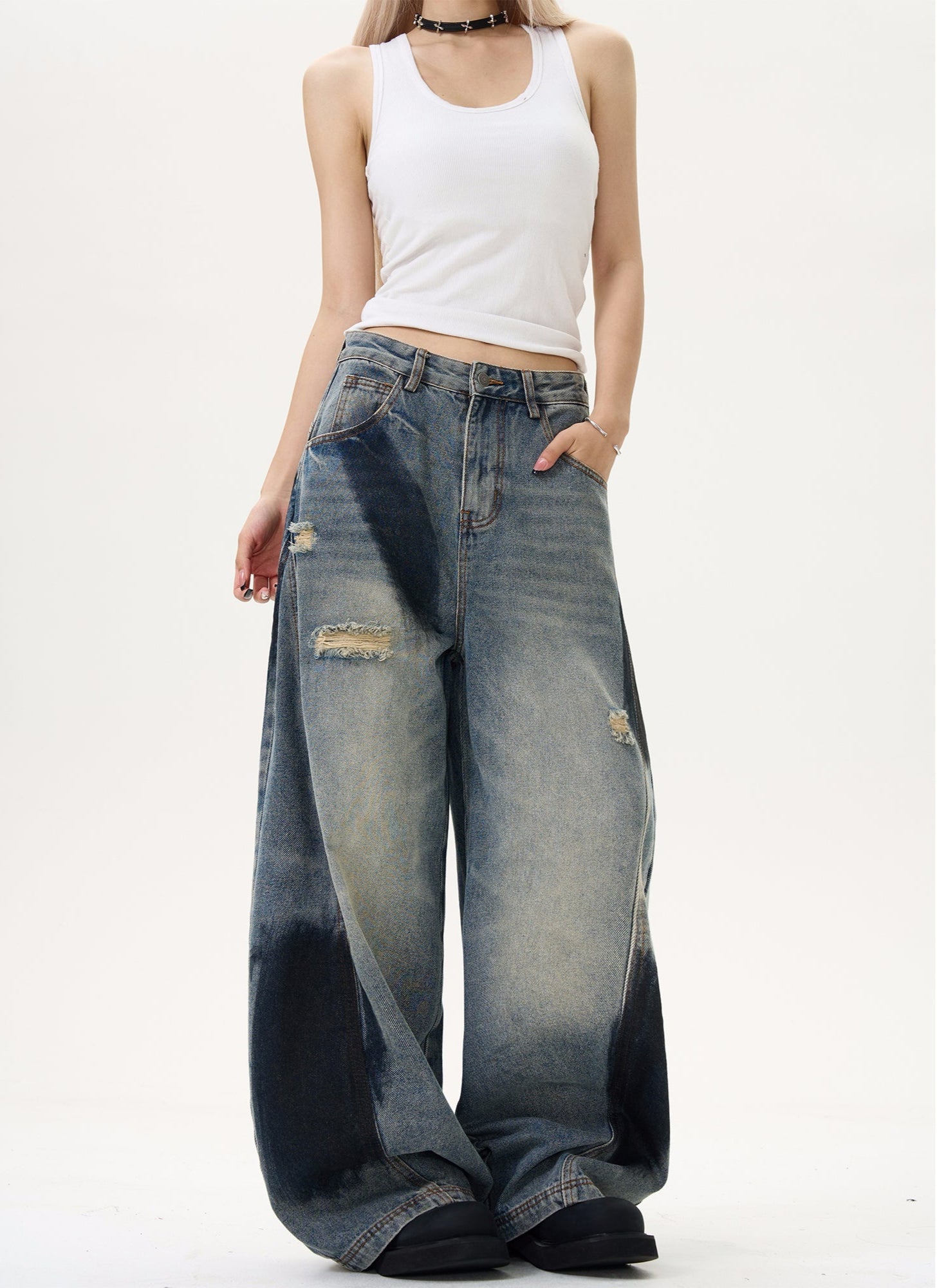 Distressed Bleach Washed Wide Leg Baggy Jeans