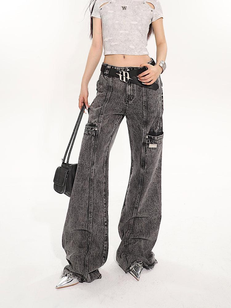 Full-Length Washed and Distressed Straight-Leg Jeans - chiclara