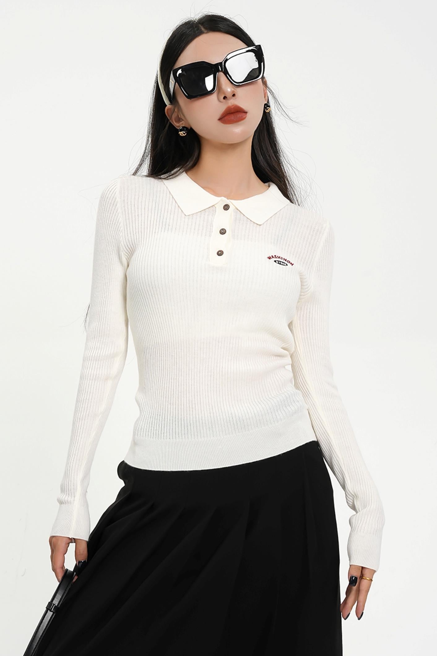 Long Sleeve Henley Sweater - Ribbed Knit Pullover with Embroidered Detail