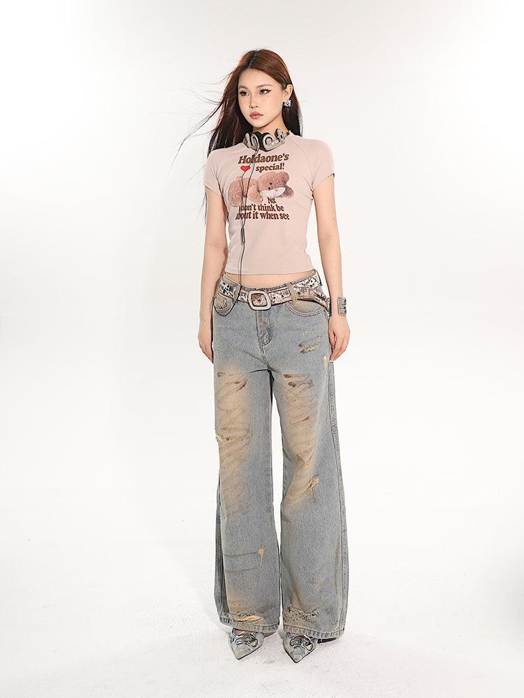 Vintage Blue Distressed Straight-Leg Jeans - chiclara