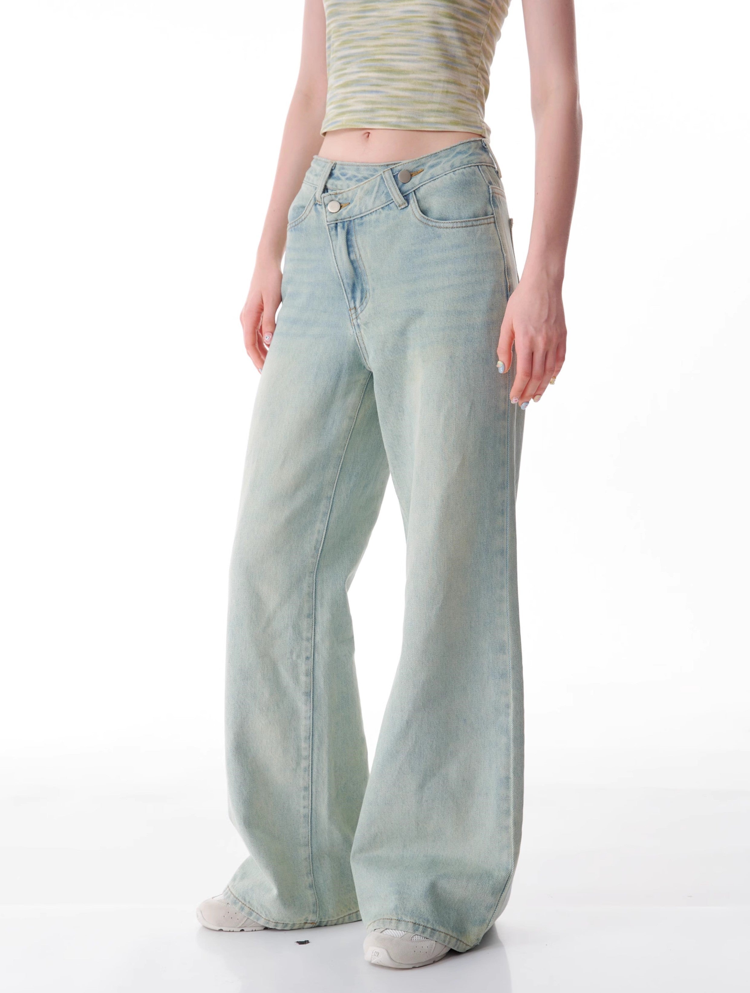 Slanted Light Wash Wide Leg Jeans